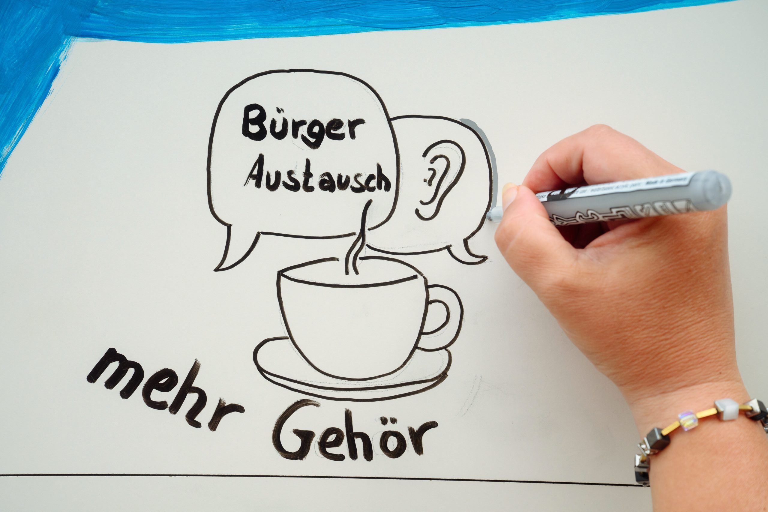 Live Visualisierung für die MUK in Lübeck. Katrin Werbeck steht an einer Zeichenwand